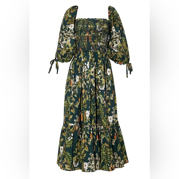 Cara Cara Jazzy Floral Print Dress Botanical Birds Emerald Green Smocked Size L - Picture 1 of 3